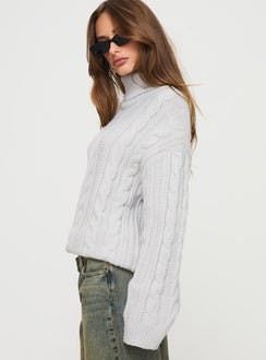 side view of model wearing Princess Polly Nyle Knit Sweater Grey Longline Jumpers Jumpers 