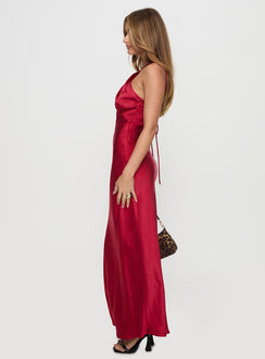 side view of model wearing Princess Polly Saja Cut Out Maxi Dress Red V-Neck 