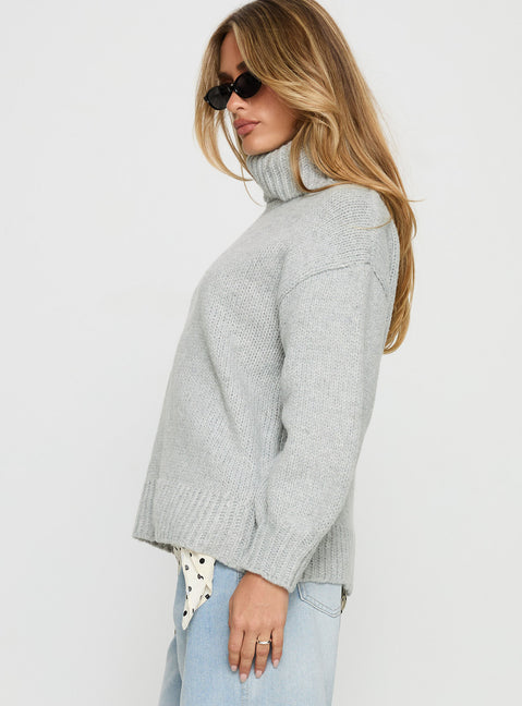 side view of model wearing Princess Polly Let Love In Knit Sweater Grey Longline Jumpers Jumpers 