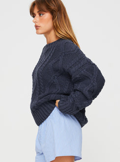 side view of model wearing Princess Polly Anaya Oversized Sweater Navy Cropped Jumpers Jumpers 