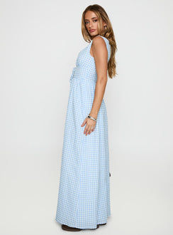 side view of model wearing Princess Polly Pokey Maxi Dress Blue Check Plunger 