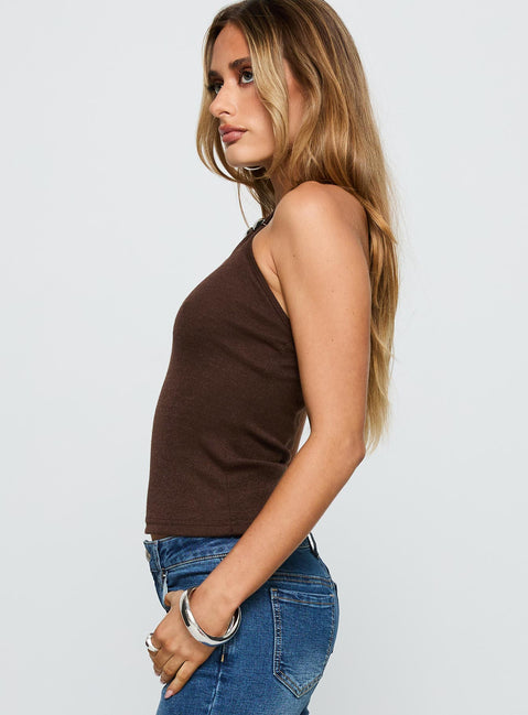 side view of model wearing Princess Polly Evandar Hardware Detail Halter Top Brown Sleeveless Asymmetric Neckline 