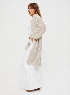 side view of model wearing Princess Polly Tremmy Textured Cardigan Natural Longline Jumpers Jumpers 