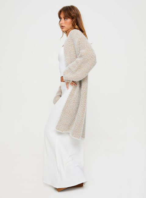 side view of model wearing Princess Polly Tremmy Textured Cardigan Natural Longline Jumpers Jumpers 