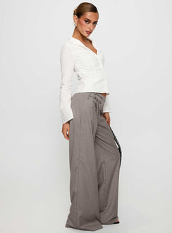 side view of model wearing Princess Polly Just Have Fun Wide Leg Pant Grey High Waisted Pants 