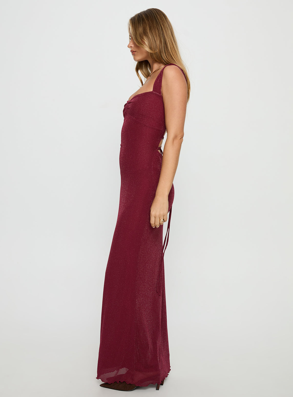 Crisanto Tie Up Ruched Maxi Dress Burgundy