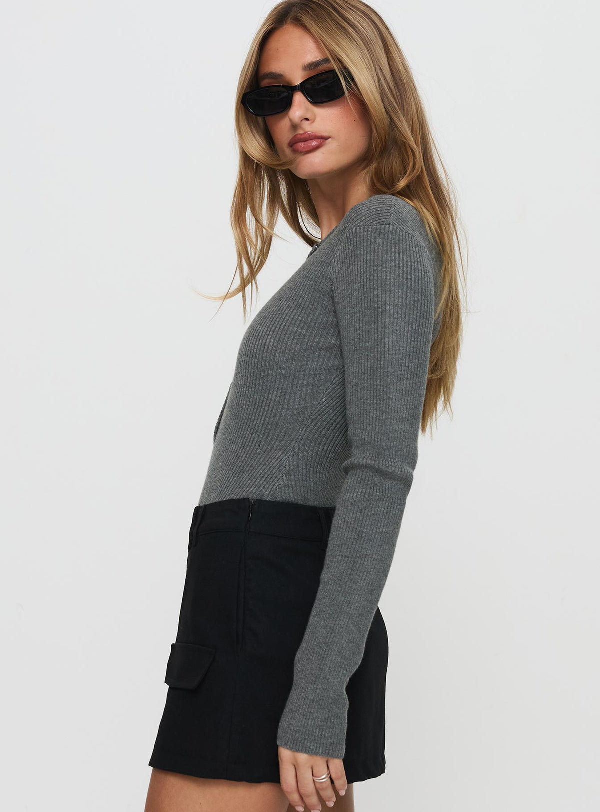 side view of model wearing Princess Polly Kerra Long Sleeve Bodysuit Charcoal Long Sleeve Tops Bodysuit 