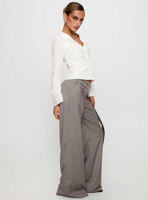side view of model wearing Princess Polly Just Have Fun Wide Leg Pant Grey Tall High Rise Pants Pants 