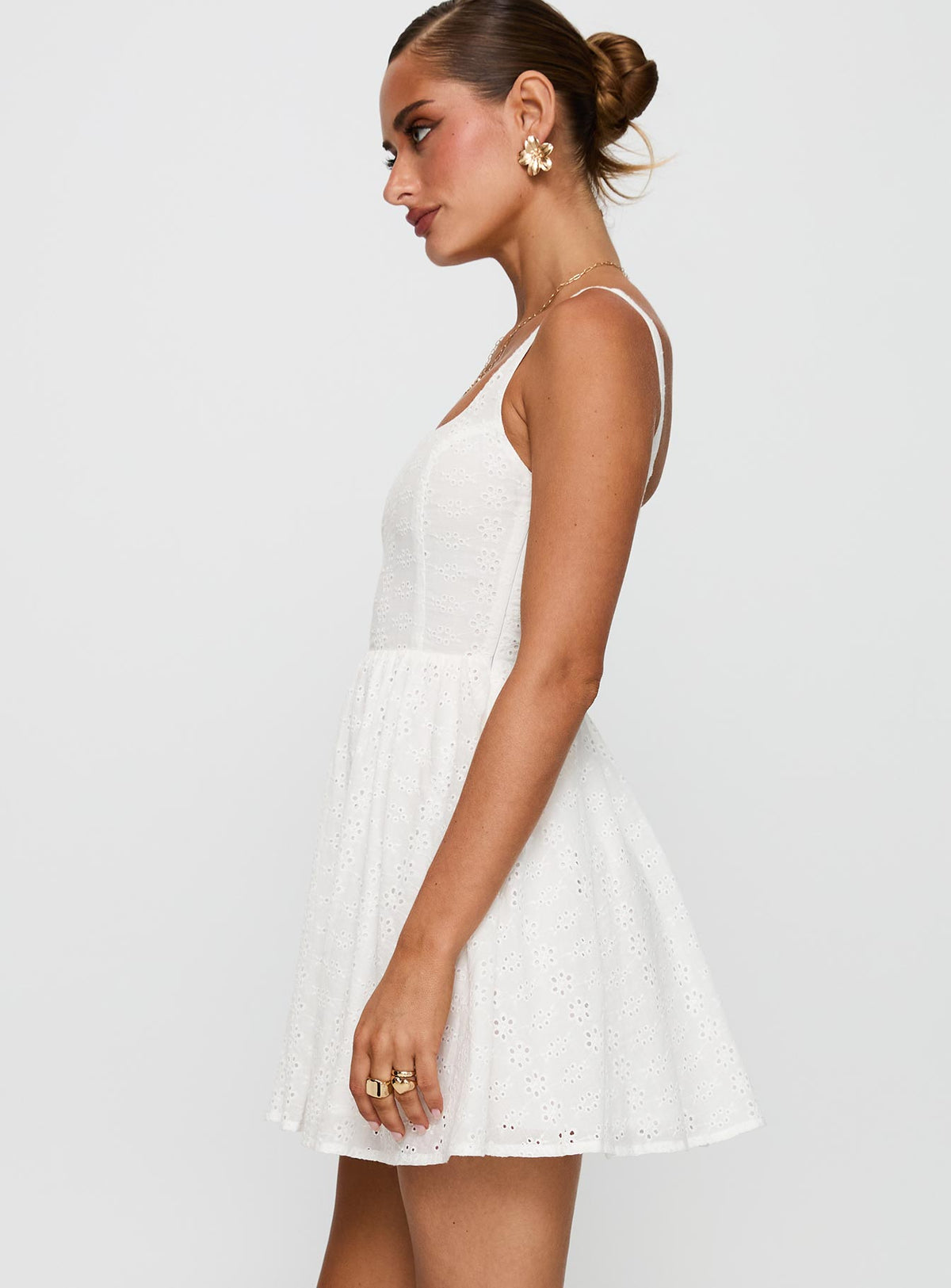 side view of model wearing Princess Polly Cartmel Embroidered Mini Dress White Square Neck 