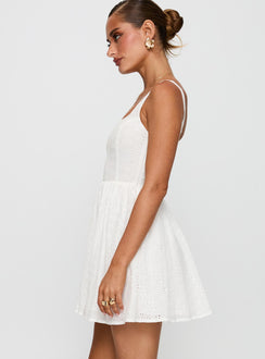 side view of model wearing Princess Polly Cartmel Embroidered Mini Dress White Square Neck 