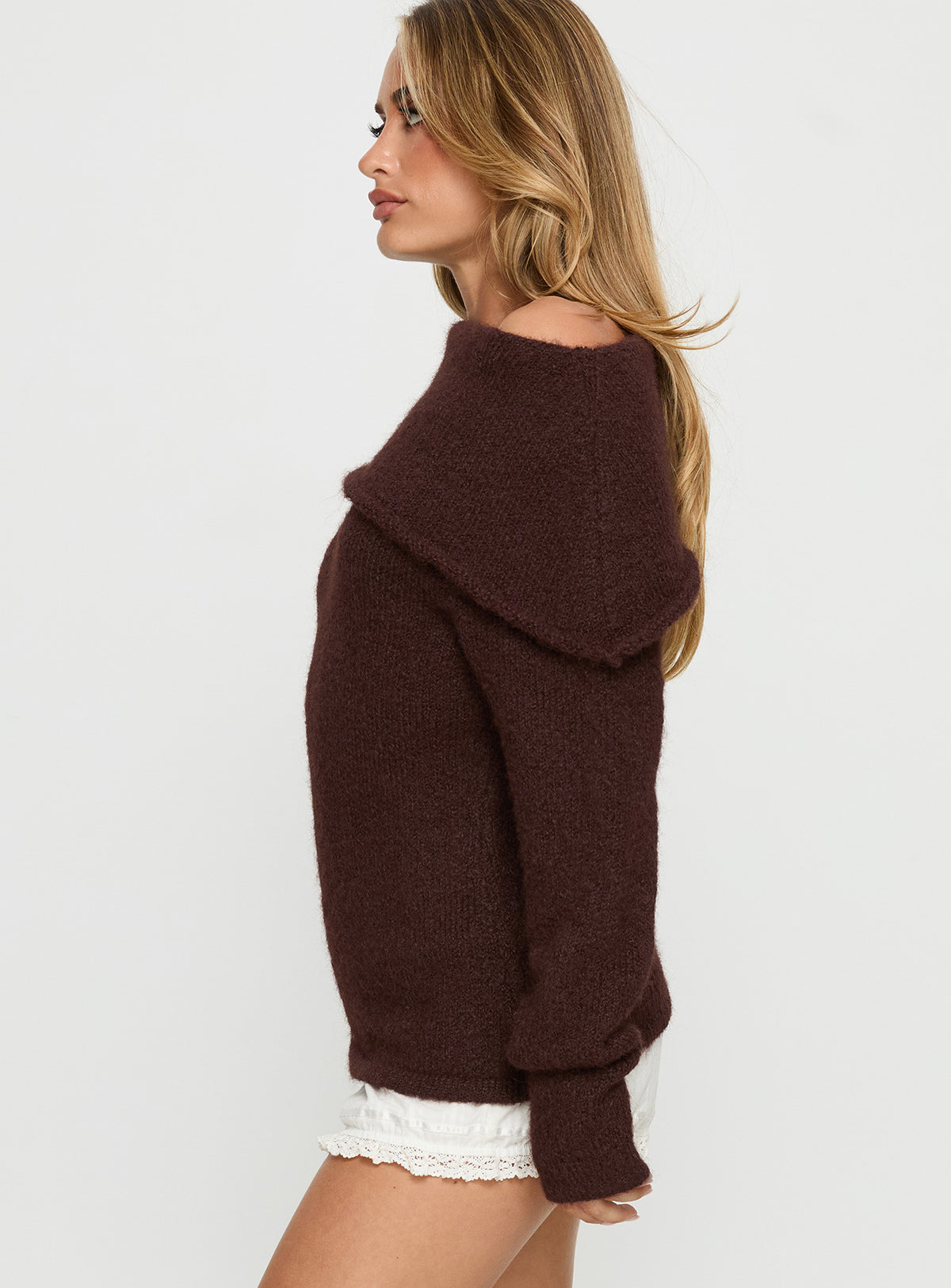 side view of model wearing Princess Polly Kinslea Off Shoulder Knit Sweater Brown regular Jumpers 