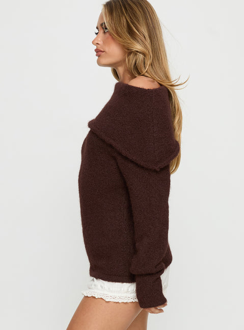 side view of model wearing Princess Polly Kinslea Off Shoulder Knit Sweater Brown regular Jumpers 