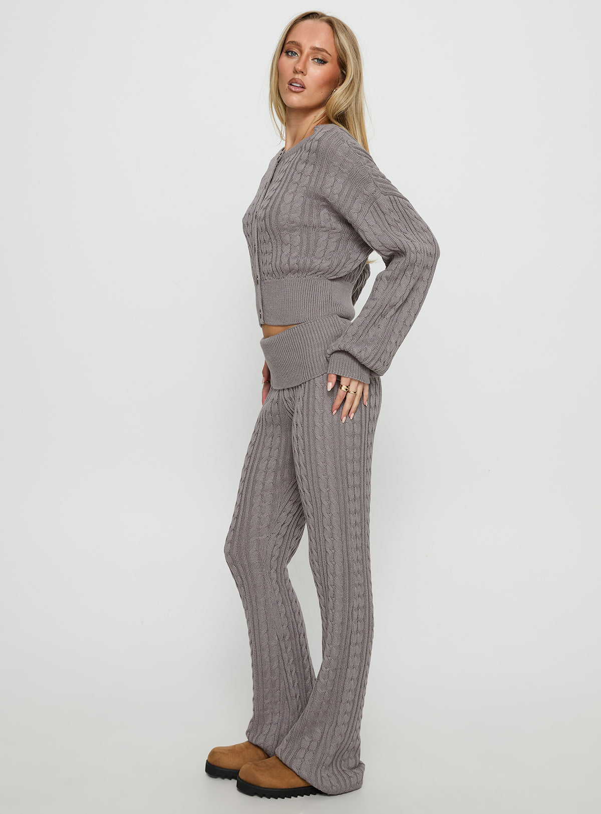 side view of model wearing Princess Polly Baleigh Cable Knit Foldover Pants Grey Mid Rise Pants Pants 