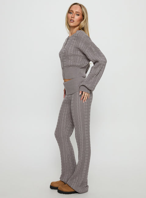 side view of model wearing Princess Polly Baleigh Cable Knit Foldover Pants Grey Mid Rise Pants Pants 