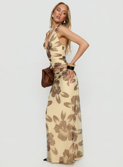   side view of model wearing Princess Polly Roselin Mesh Maxi Skirt Brown Floral Maxi Skirts Skirts 