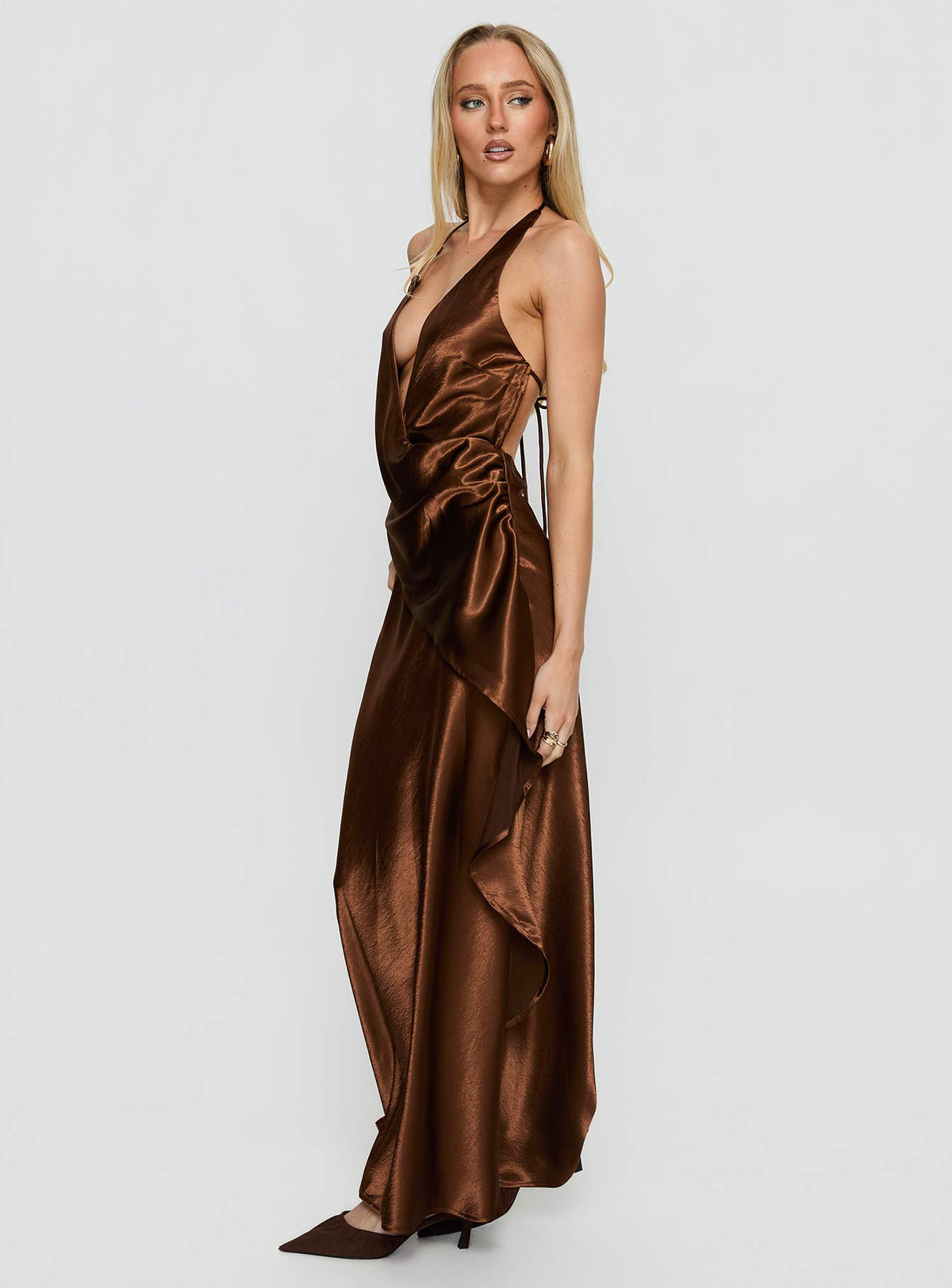 Annissa Plunge Halter Maxi Dress Dark Brown