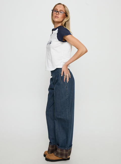 side view of model wearing Princess Polly Nikoletta Foldover Jeans Dark Wash / Check Mid Rise Jeans Jeans 
