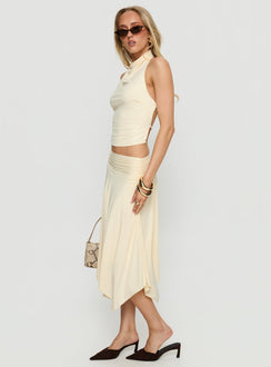   side view of model wearing Princess Polly Scenic Route Asymmetrical Midi Skirt Yellow Midi Skirts Skirts 