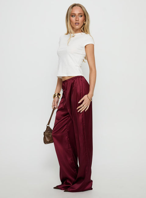 front view of model wearing Princess Polly Soulstar Satin Pants Wine Mid Rise Pants Pants 