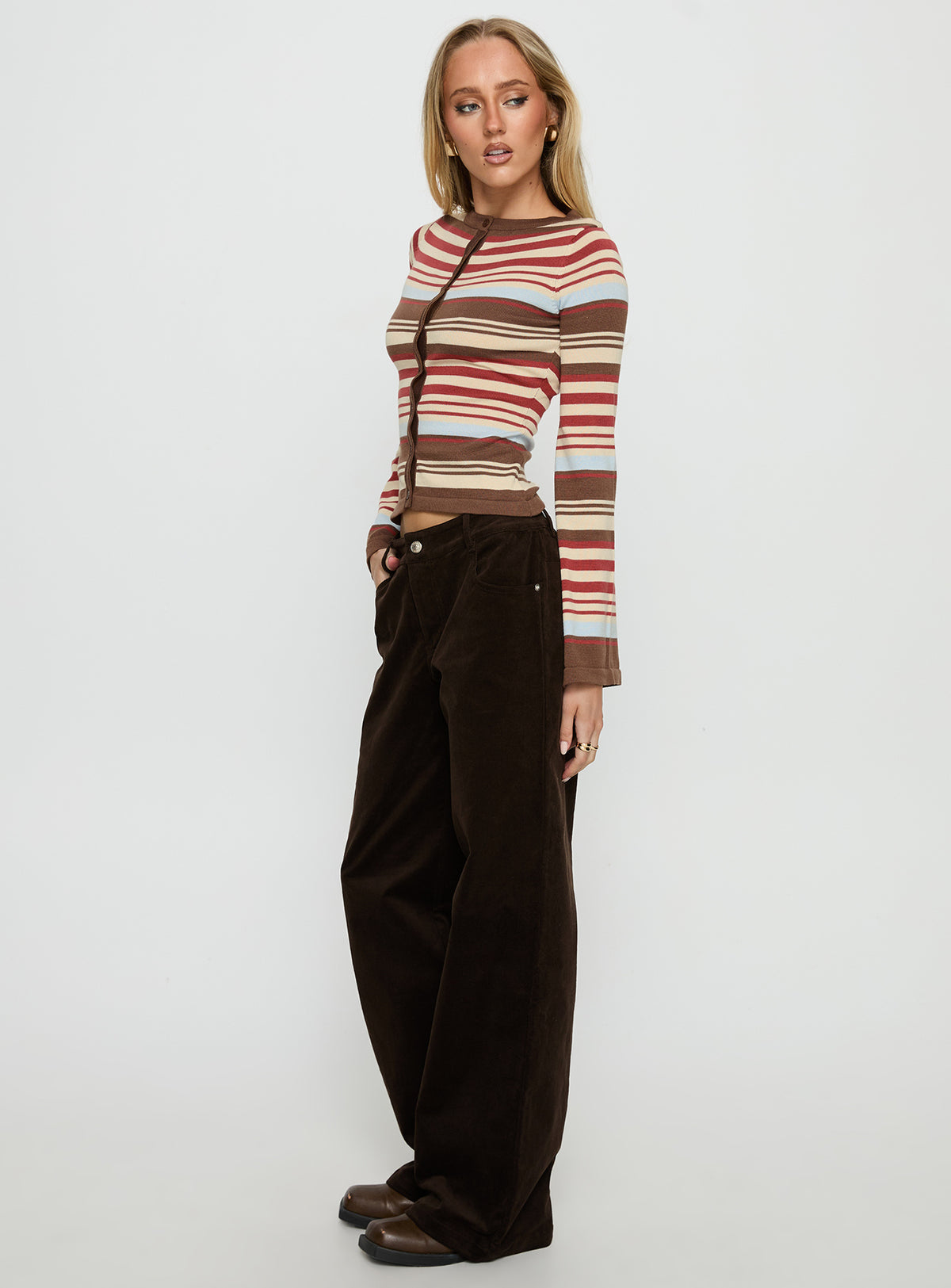 back view of model wearing Princess Polly Kenza Wide Leg Corduroy Pant Brown Mid Rise Pants Pants 