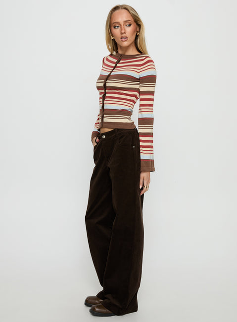 back view of model wearing Princess Polly Kenza Wide Leg Corduroy Pant Brown Mid Rise Pants Pants 