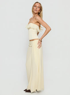   side view of model wearing Princess Polly Holliann Draped Maxi Skirt Butter Maxi Skirts Skirts 