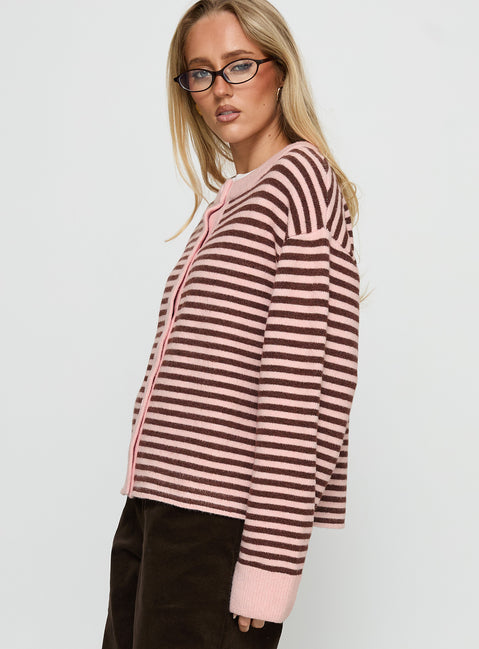 side view of model wearing Princess Polly Darnelle Button Up Knit Cardigan Pink Stripe Longline Jumpers Jumpers 