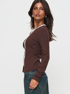 side view of model wearing Princess Polly Phaidra Button Up Long Sleeve Top Brown Full Sleeves Scoop Neck 