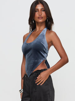 side view of model wearing Princess Polly Seleneah Halter Top Slate Sleeveless Scoop Neck 