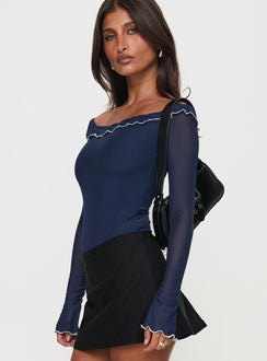 side view of model wearing Princess Polly Arsema Off The Shoulder Bodysuit Navy Long Sleeve Tops Bodysuit 