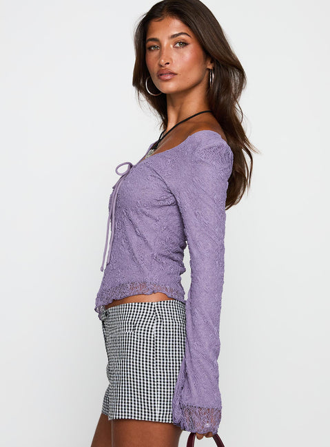 side view of model wearing Princess Polly Hyacinthe Long Sleeve Top Lilac Full Sleeves Scoop Neck 
