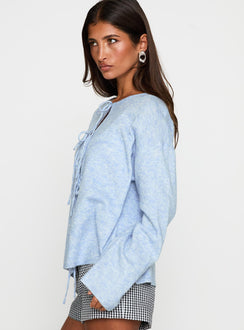 side view of model wearing Princess Polly Frosty Knit Cardigan Blue Longline Jumpers Jumpers 