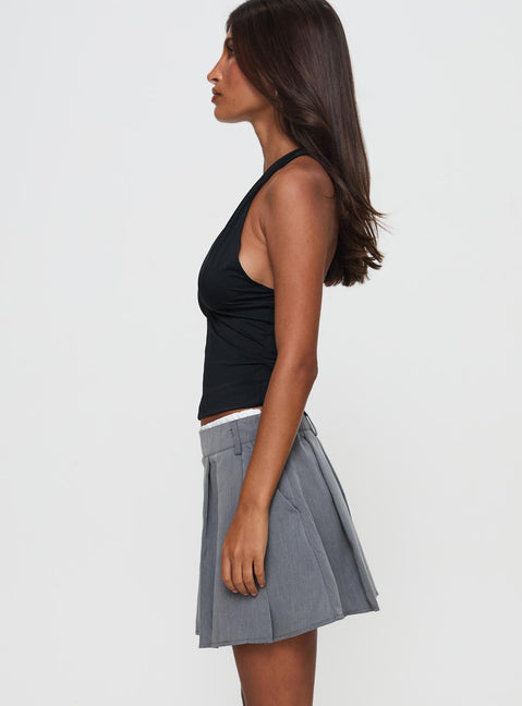   side view of model wearing Princess Polly Simulations Pleated Mini Skirt Grey Mini Skirts Skirts 