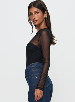 side view of model wearing Princess Polly Delanee Mesh Detail Long Sleeve Bodysuit Black Long Sleeve Tops Bodysuit 