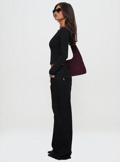 side view of model wearing Princess Polly Everlong Mid Rise Straight Leg Jeans Mid Black Wash High Rise Jeans Jeans 