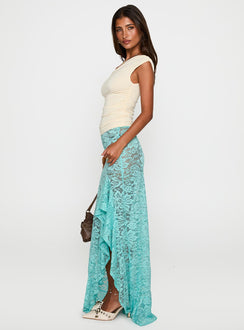   side view of model wearing Princess Polly Bluemoon Lace Maxi Skirt Blue Maxi Skirts Skirts 