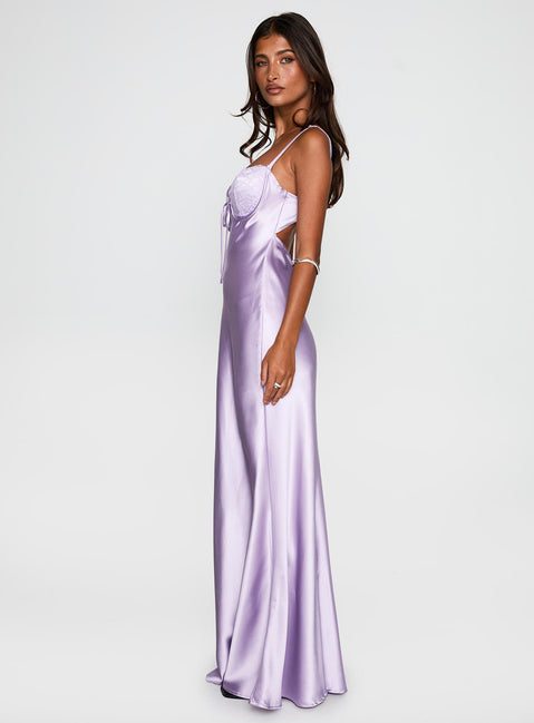 side view of model wearing Princess Polly Fadyen Bias Cut Maxi Dress Lilac Sweetheart Neckline 