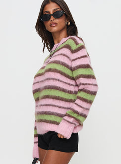 side view of model wearing Princess Polly Maysie Crew Neck Knit Sweater Green / Pink Longline Jumpers Jumpers 