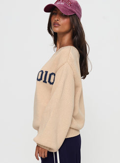 side view of model wearing Princess Polly Jadynn Off Shoulder Knit Sweater Cream Jumpers 