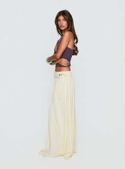   side view of model wearing Princess Polly Velvet Storm Tie Detail Flowy Maxi Skirt Cream Maxi Skirts Skirts 