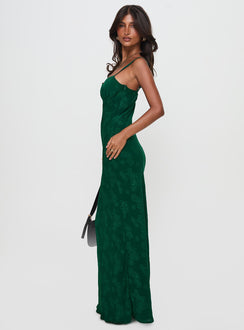 side view of model wearing Princess Polly Ginette Maxi Dress Forest Green Sweetheart Neckline 