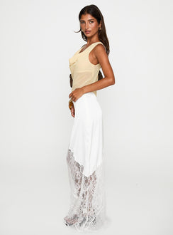   side view of model wearing Princess Polly Castelli Lace Maxi Skirt White Maxi 