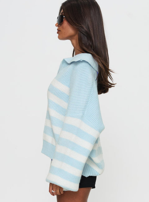 side view of model wearing Princess Polly Carolena Long Sleeve Collared Knit Sweater Blue / White Stripe Longline Jumpers Jumpers 