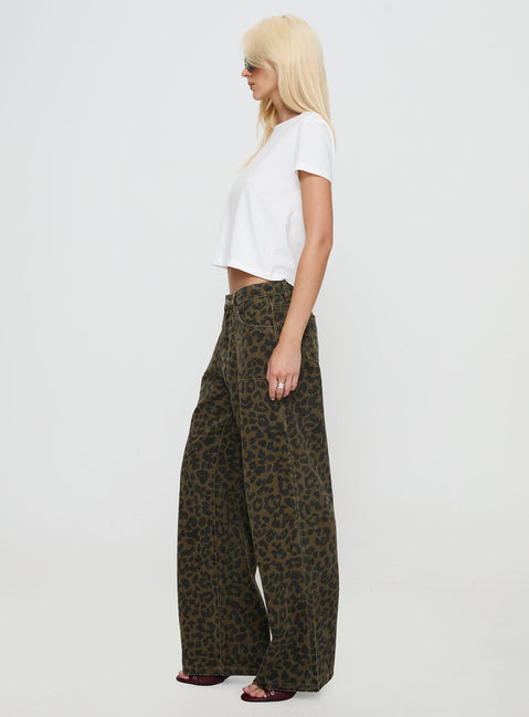 side view of model wearing Princess Polly Briony Low Rise Wide Leg Jean Leopard Mid Rise Jeans Jeans 