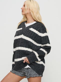 side view of model wearing Princess Polly Percivill Knit Sweater Grey / Cream Longline Jumpers Jumpers 