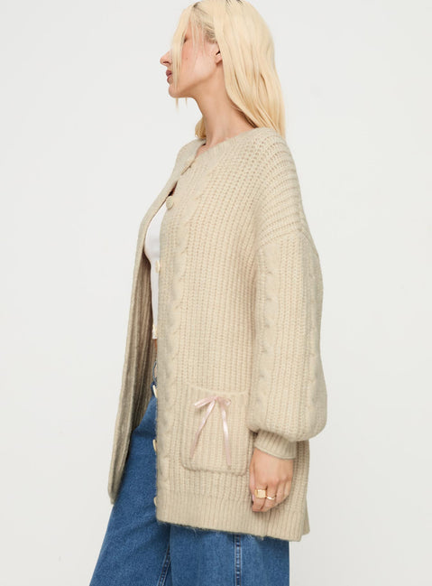 side view of model wearing Princess Polly Cameliah Knit Cardigan Cream Longline Jumpers Jumpers 