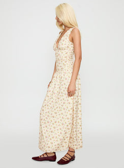 side view of model wearing Princess Polly Esthie Maxi Dress Multi Floral V-Neck 