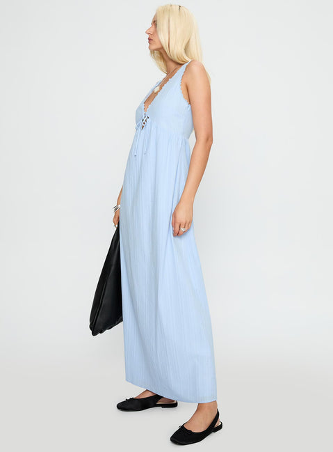 side view of model wearing Princess Polly Elyza Maxi Dress Blue Plunger 