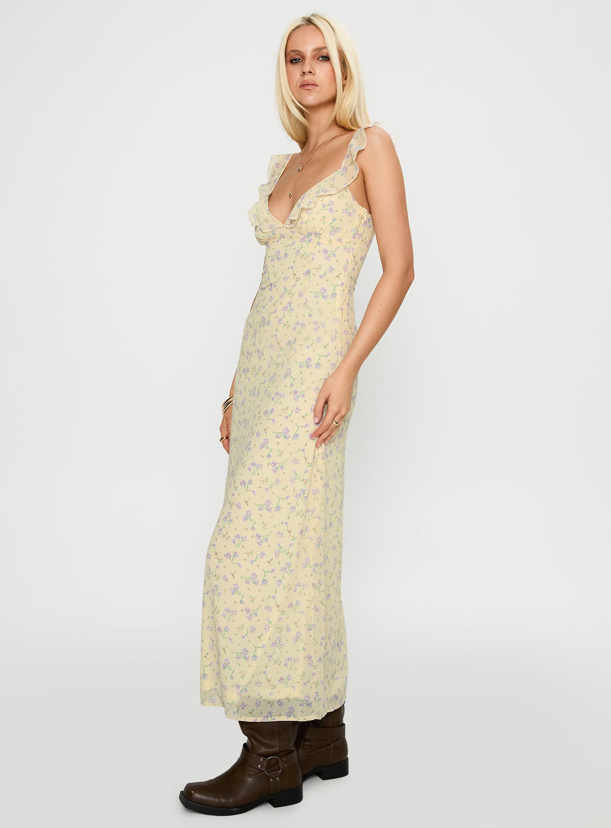 side view of model wearing Princess Polly Jayne Frill Maxi Dress Multi Plunger 