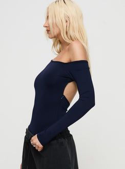 side view of model wearing Princess Polly Caylum One Shoulder Bodysuit Navy Long Sleeve Tops Bodysuit 